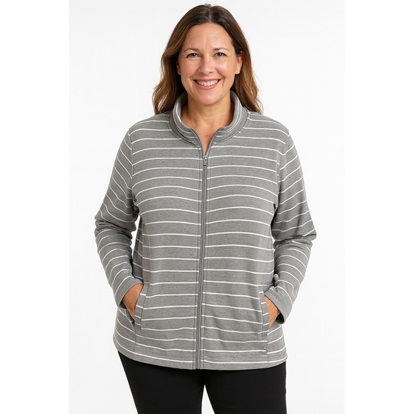 Karen Scott Women's 3X Zip Front Knit Jacket – Gray/White Stripe, Mock Neck, Pkt - Picture 1 of 4